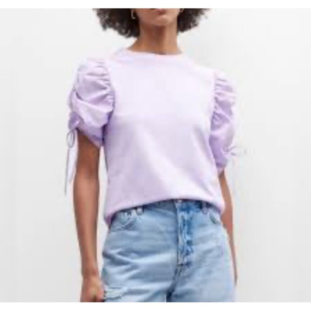 Frame Ruched Sleeve Organic Cotton Top In Lavender XXS